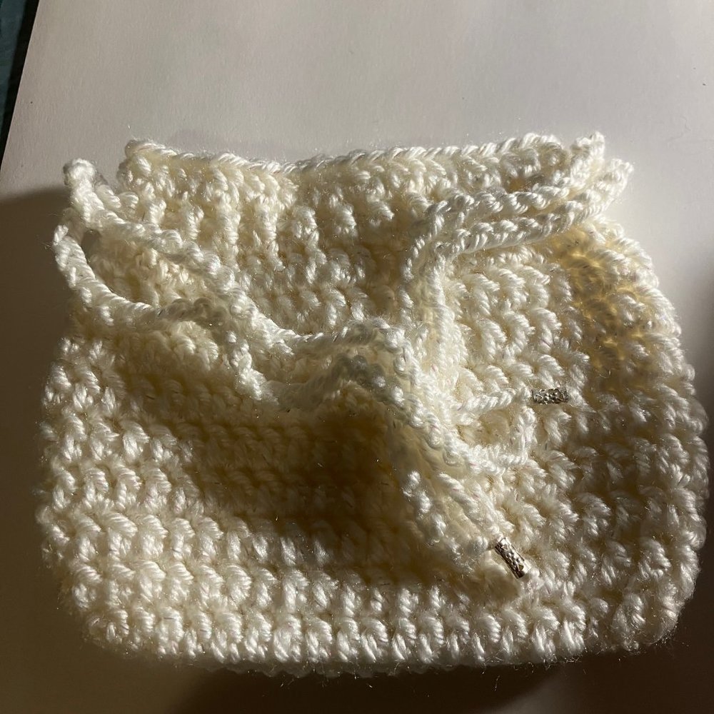 Whispering Meadows Crochet Drawstring Bag sparkly white
